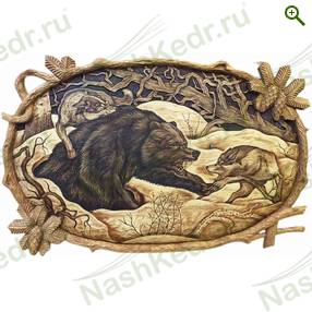 Картина резная, Медведь и 2 волка - Картины резные из кедра - купить по цене производителя, магазин Наш Кедр